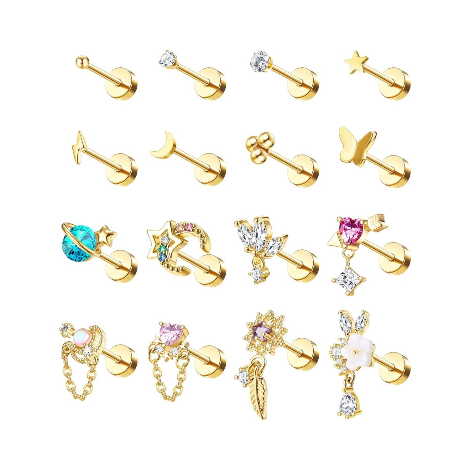 16 PCS Cartilage Flat Back Stud Earrings for Women Trendy Stud Earrings Set for Multiple Piercing Surgical Steel FlatBack Earrings for Women 20G