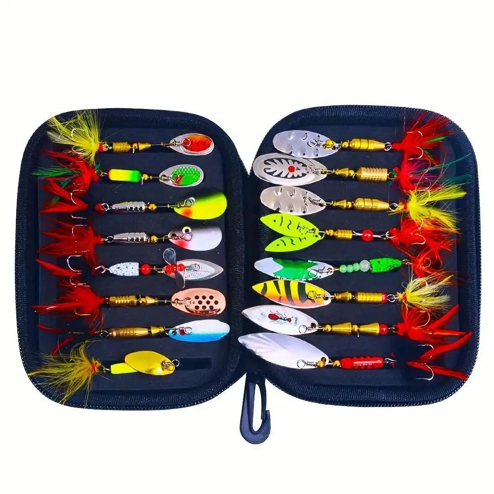16pcs Fishing Spinner Lure Set with Storage Bag, Spoon Baits for Bass & Trout, Portable Fishing Tackle Kit, Ideal for Anglers