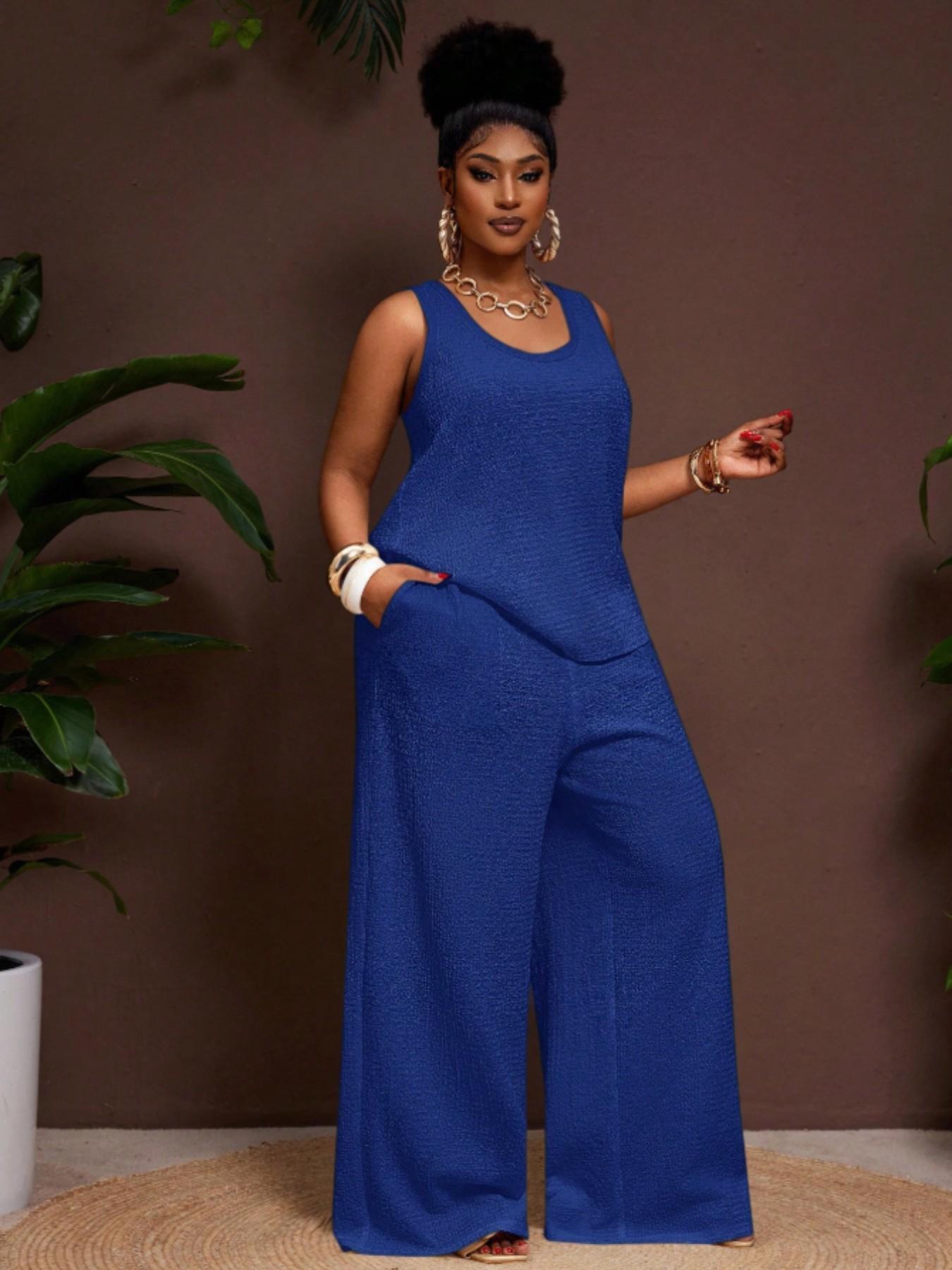 Plus Size Women's Comfortable U-Neck Sleeveless Solid Top with Pockets, Loose Fit Textured Tank, Wide Leg Pants, Business Casual Chic Womenswear Set