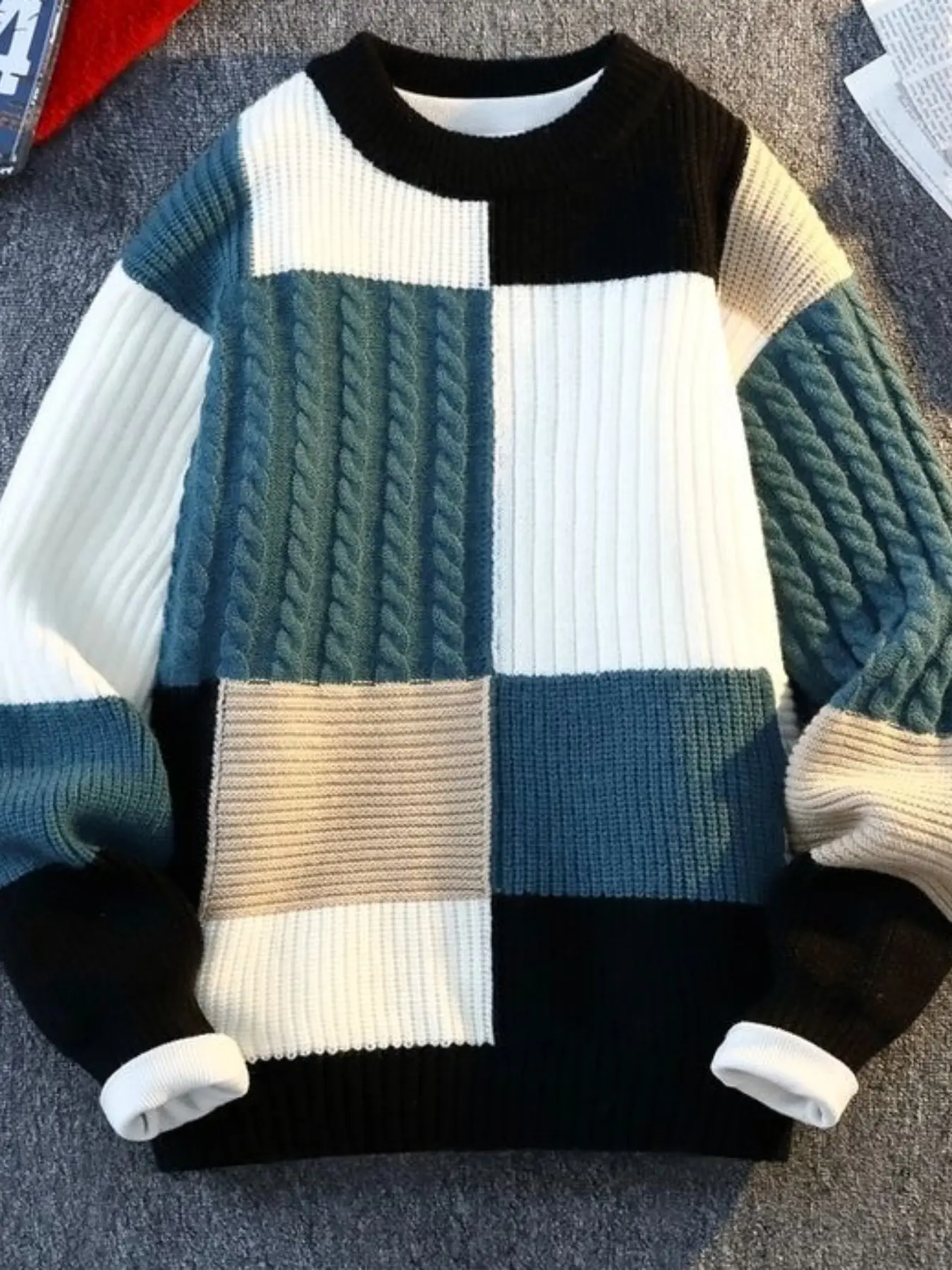 Men's Crew Neck Color Block Cable Knit Style Sweater, Patchwork Plaid Textured Long‑Sleeve Pullover Jumper, Soft Thick Knit Top For Autumn Winter Casual Streetwear Daily Outfits