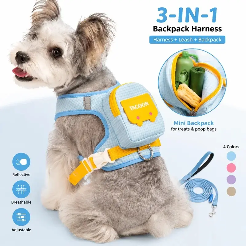 Cute Backpack Dog Harness, Puppy Harness, Reflective Soft Pet Vest for Small Medium Dogs Cats, Adjustable Walking Harness Set