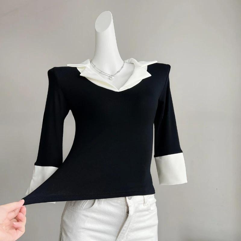 Korean Chic Design Fake Two Pieces Long Sleeves Shirt Women Spring 2025 New Elegant All Match Slim Fit Base Tops Office Clothes