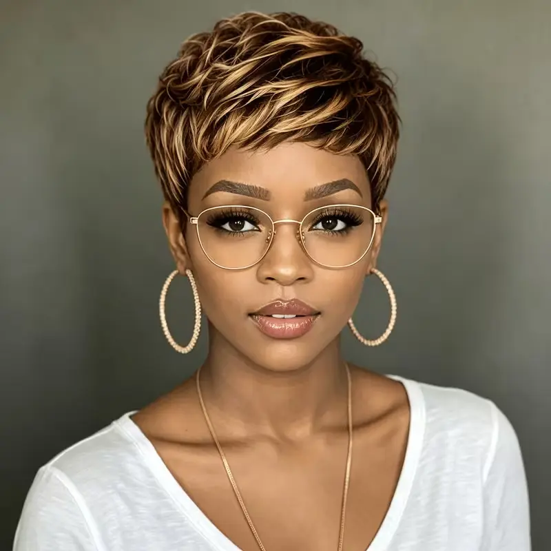 6 Inch Brown Auburn Highlight Short Pixie Wig for Women, Curly Textured Layered Pixie Cut Wig, Synthetic Heat Resistant Fashion Wig for Daily Wear