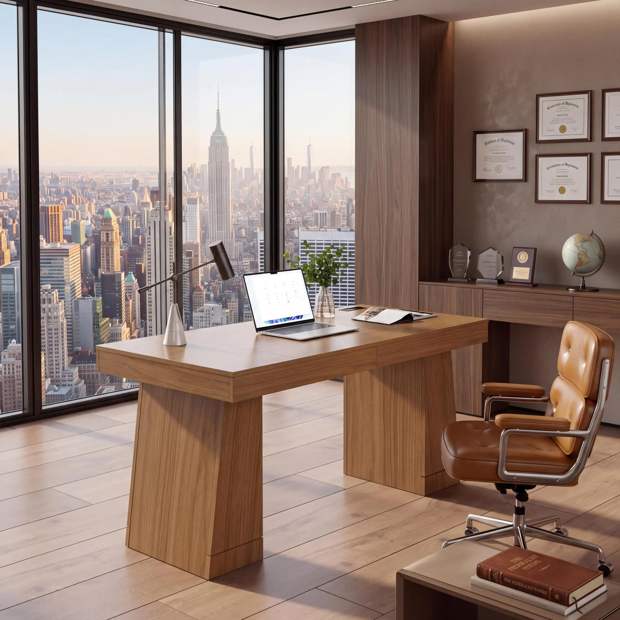 55" Executive Desk with Built-In Power Outlet - Storage Cabinet for Office Supplies - Home Office Computer Writing Workstation