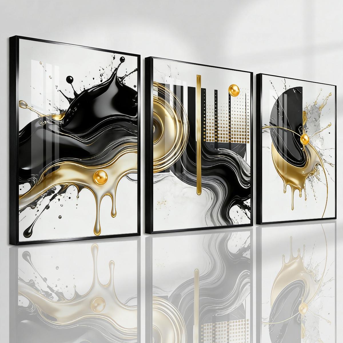 3 Counts Aluminum Alloy Framed Painting, Abstract Black And Gold Fluid Art Pictures, Home Decoration For Living Room, Bedroom, Office, Restaurant, Hallway Wall Decor, Odorless Print Artwork, Luxury Perfect Gift For Friends And Family