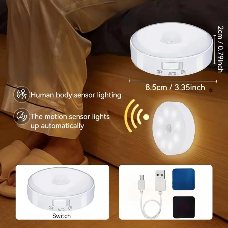 3/6pcs USB Round Motion Sensor Lights with Adjustable Brightness, Touch Control & Wall-Mountable Design - Rechargeable Battery-Powered Lighting for Toilets, Cabinets, Stairs, Corridors, Office Spaces