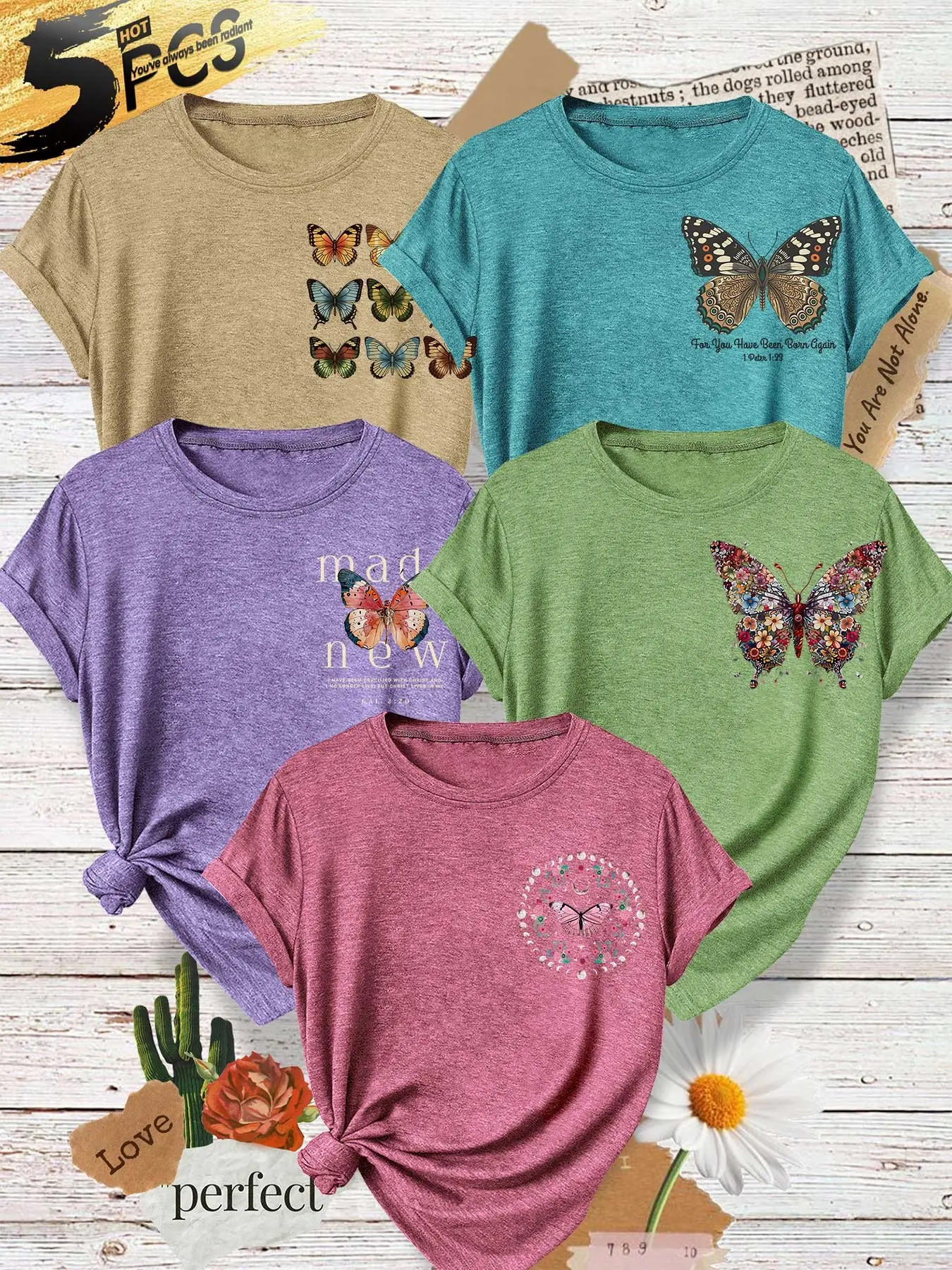 Vintage Butterfly Floral Print T-Shirt, Patchwork Large Butterfly, Grid Small Butterfly, Loose Short Sleeve, Soft Fabric, Casual Style
