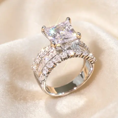 Women's Princess Cut Solitaire Wide Band Ring - Cubic Zirconia Square Shaped Ring with Baguette & Round Mixed Pave, Glam Costume Jewelry for Holiday Photoshoots & Gifting, Cubic Zirconia Rings