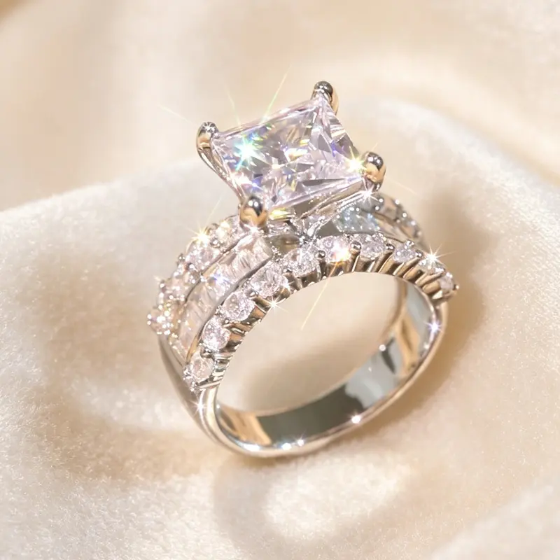 Women's Princess Cut Solitaire Wide Band Ring - Cubic Zirconia Square Shaped Ring with Baguette & Round Mixed Pave, Glam Costume Jewelry for Holiday Photoshoots & Gifting, Cubic Zirconia Rings