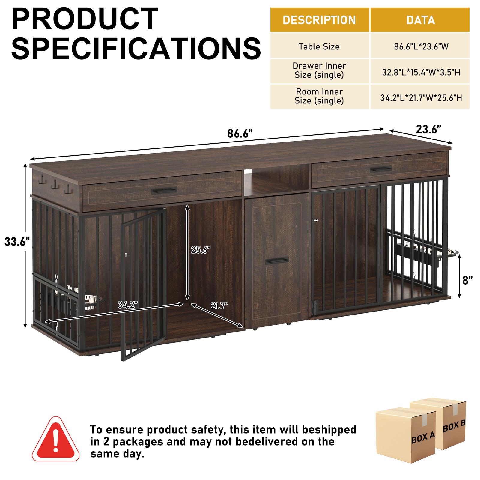 【2Packages Shipping】86.6" Dog Crate Furniture Large Breed TV Stand with Double Rooms, Wooden Dog Kennel Furniture with Dog Bowl, 2 Drawers and Cabinet for Large Medium Dogs, Black/Brown