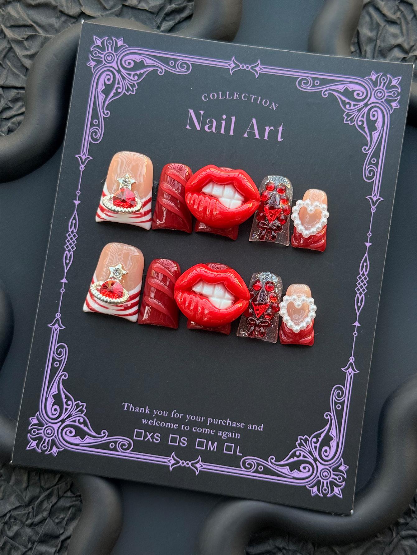 Y2K 10-Piece Handmade Nail Art Set, Hot Lips, Sexy Style, Medium-Length Almond Nails, Planetary Decor, Luxurious Polish, Perfect for Parties