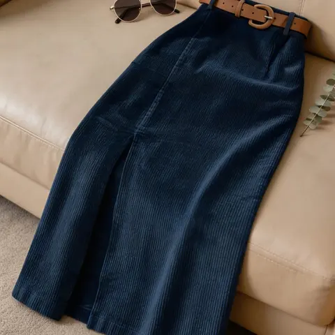 Women's Fashion Casual Blue Midi Skirt with Belt, Split Design for Longer Legs, Perfect for Office, Shopping, Indoor and Outdoor Wear