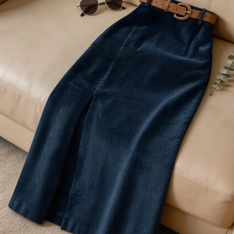 Women's Fashion Casual Blue Midi Skirt with Belt, Split Design for Longer Legs, Perfect for Office, Shopping, Indoor and Outdoor Wear