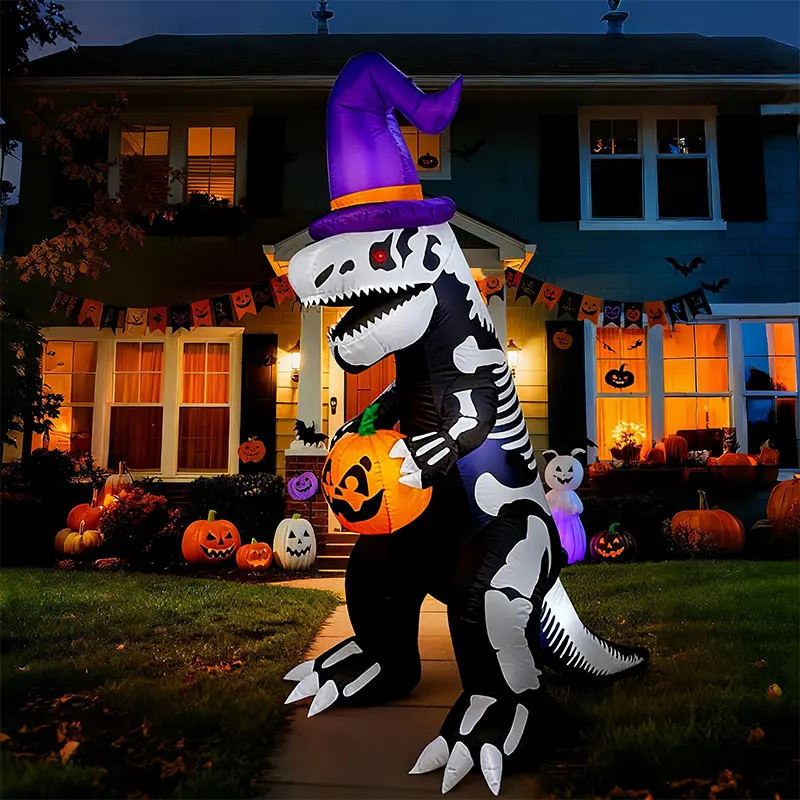 8 FT Halloween Inflatable Skeleton Dinosaur Decor, Polyester Blow-up T-Rex with Witch Hat Holding Pumpkin, Built-in LED Light, Plug-in Front Yard Lawn Outdoor Ornament