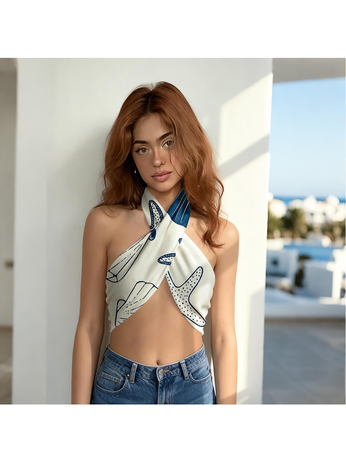 Blue Nautical Shell Star Satin Towel for Women, Beach Vacation Essential, Summer Coastal Accessory, Retro Hair Scarf, Square Scarf