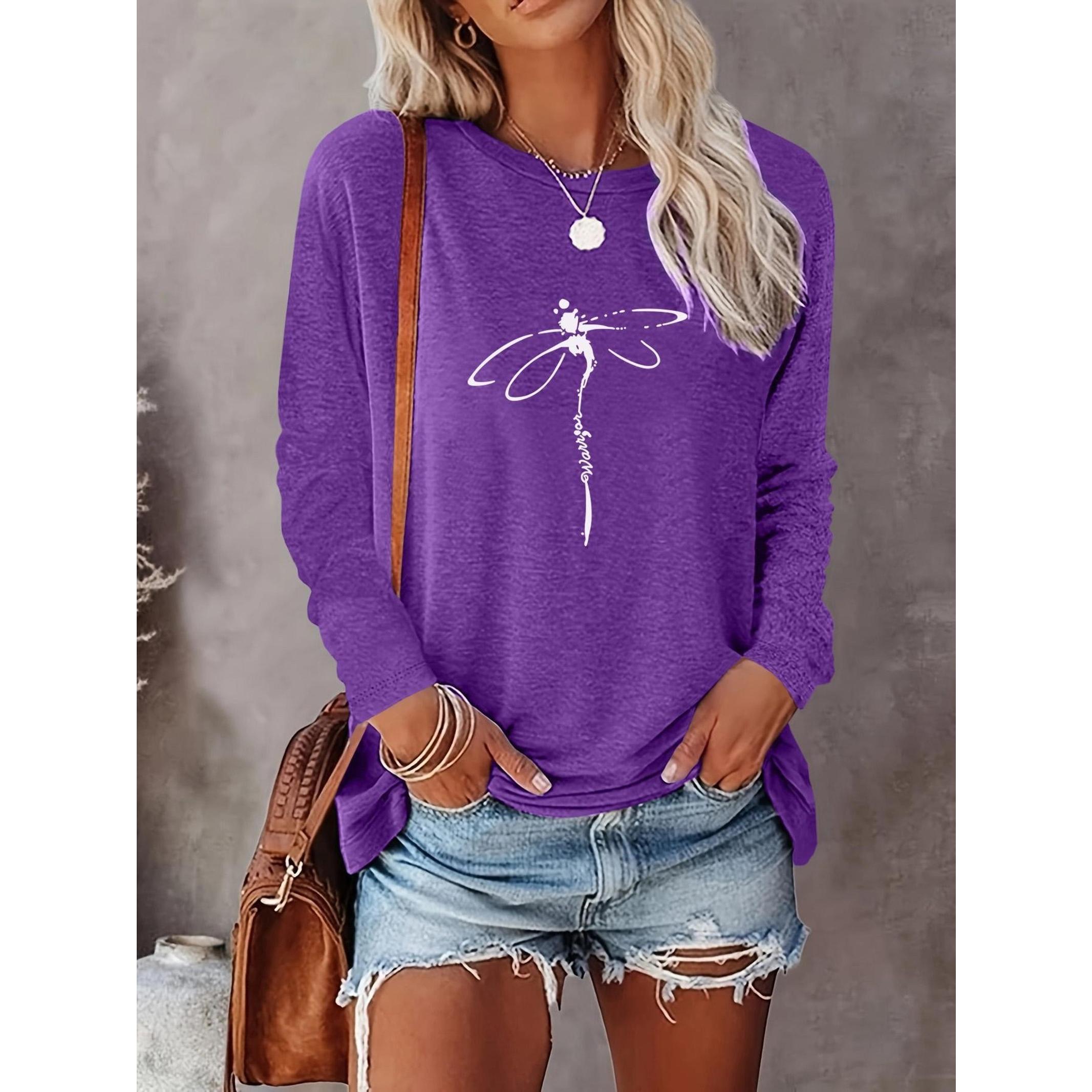 Women's Dragonfly Print Round Neck Tee, Casual Long Sleeve Crew Neck T-Shirt for Summer, Fashion Women's Top for Daily Wear, Everyday