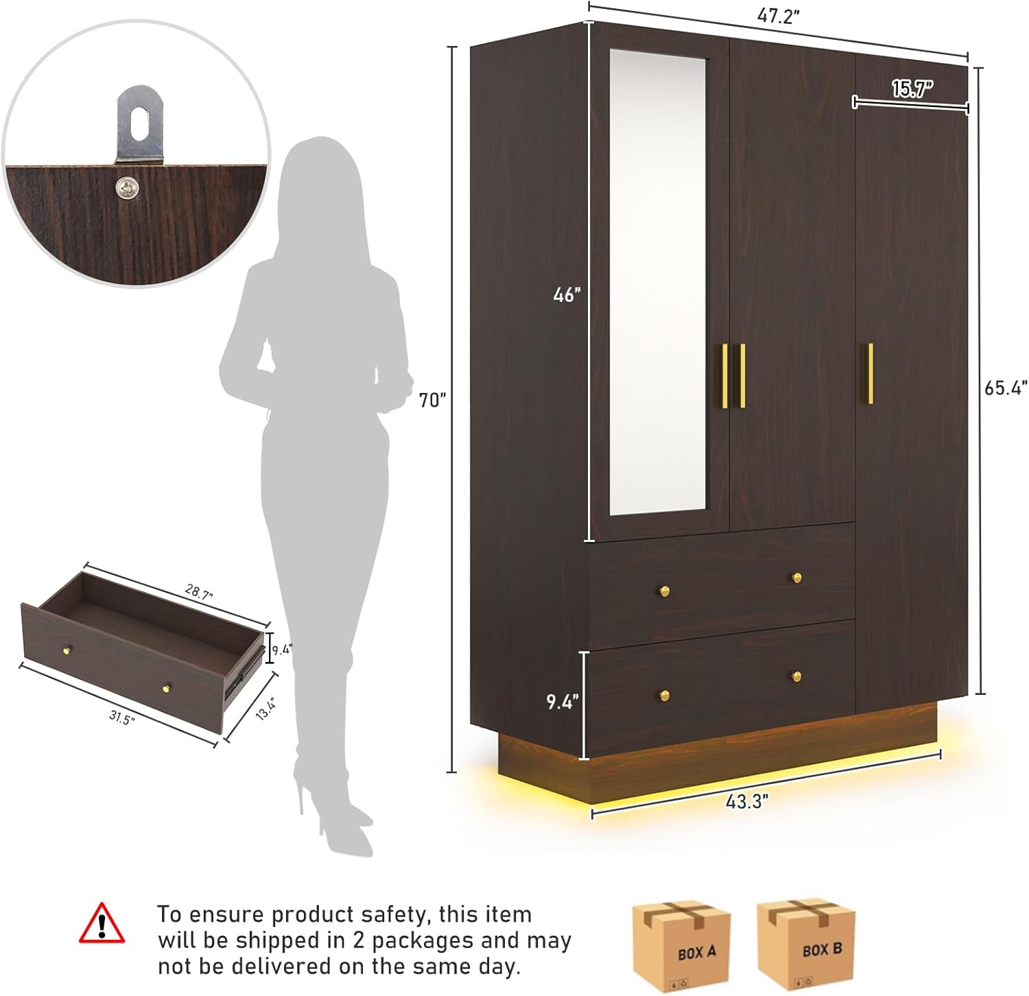 3 Doors Armoire Wardrobe Closet with Mirror, LED Armoire with Doors and Drawers, Wooden Armoire Storage Cabinet with Hanging Rod, Adjustable Shelves, (White/Black/brown）