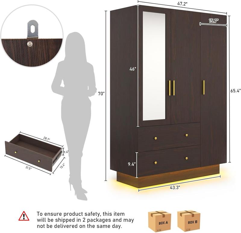 3 Doors Armoire Wardrobe Closet with Mirror, LED Armoire with Doors and Drawers, Wooden Armoire Storage Cabinet with Hanging Rod, Adjustable Shelves, (White/Black/brown）