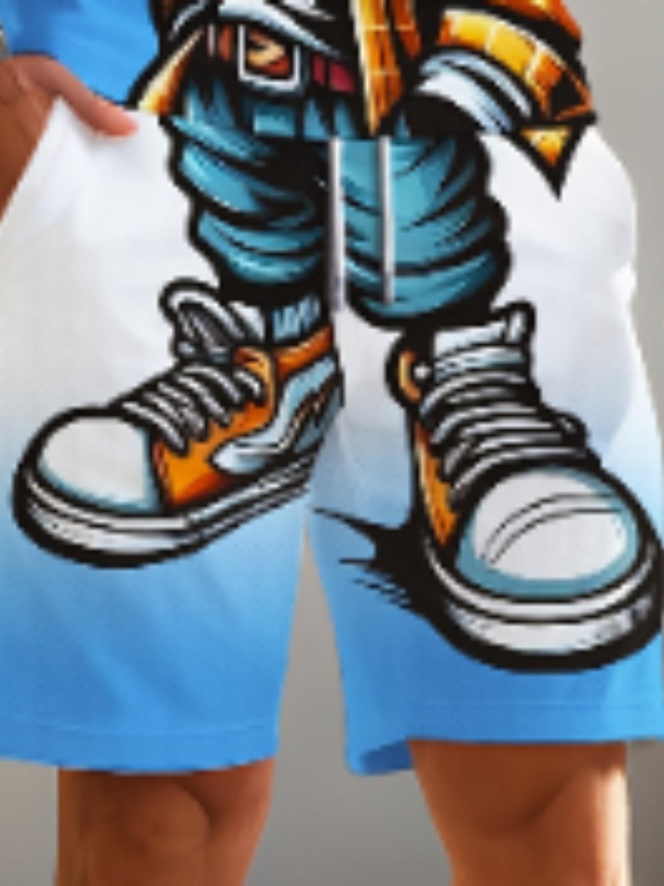 Men's Summer Gradient Patchwork Set, Cartoon Pattern Short Sleeve T-Shirt and Shorts, Breathable and Quick-Dry, Ideal for Outdoor Activities