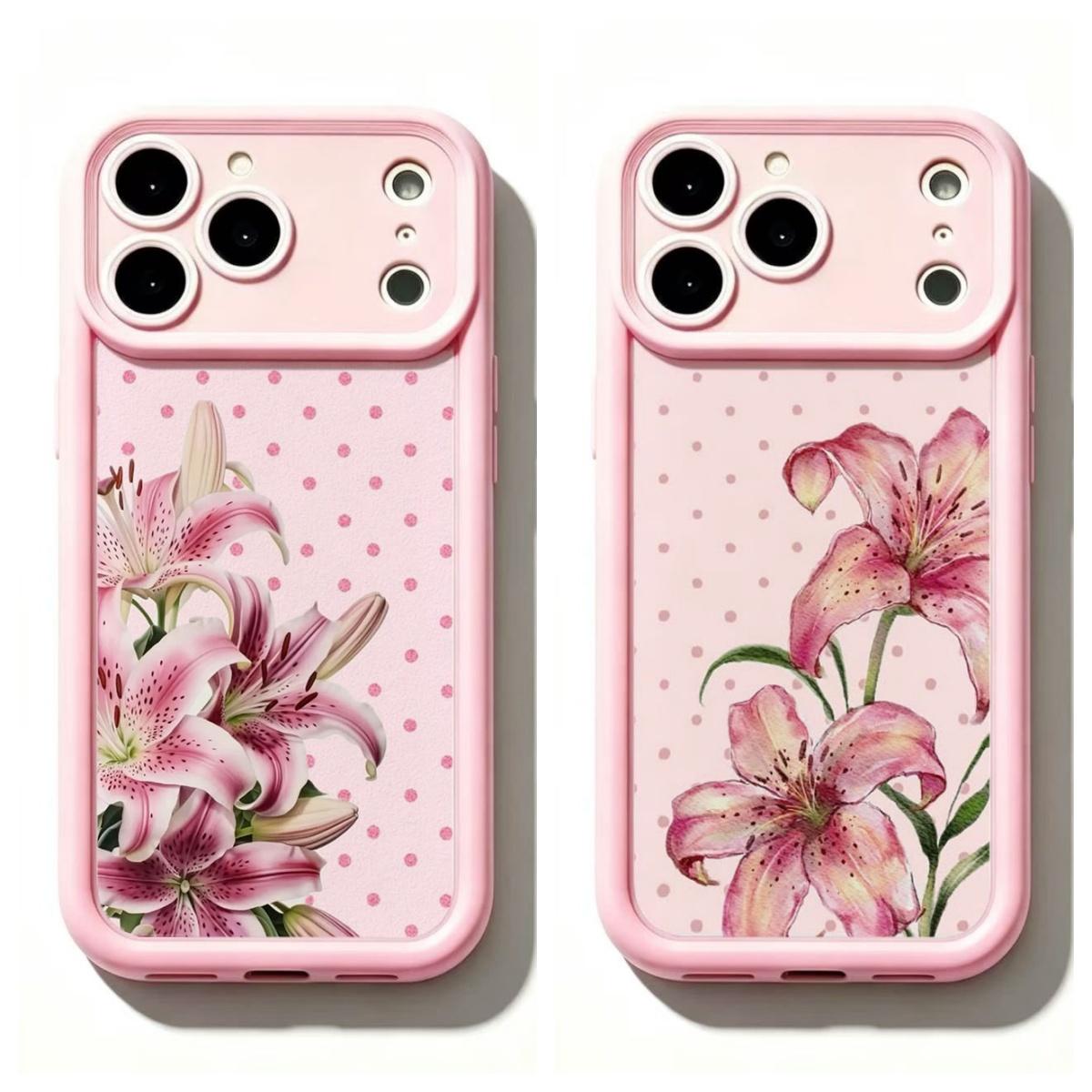 2 Styles Pink Frame Lily Floral Phone Case Watercolor Flower Polka Dot Romantic Botanical Shockproof Protective Cover for iPhone 11 12 Mini 13 Mini 14 15 16 17 Air Pro Max Samsung S26 S25 S24 S23 S22 S21 Gift for Her