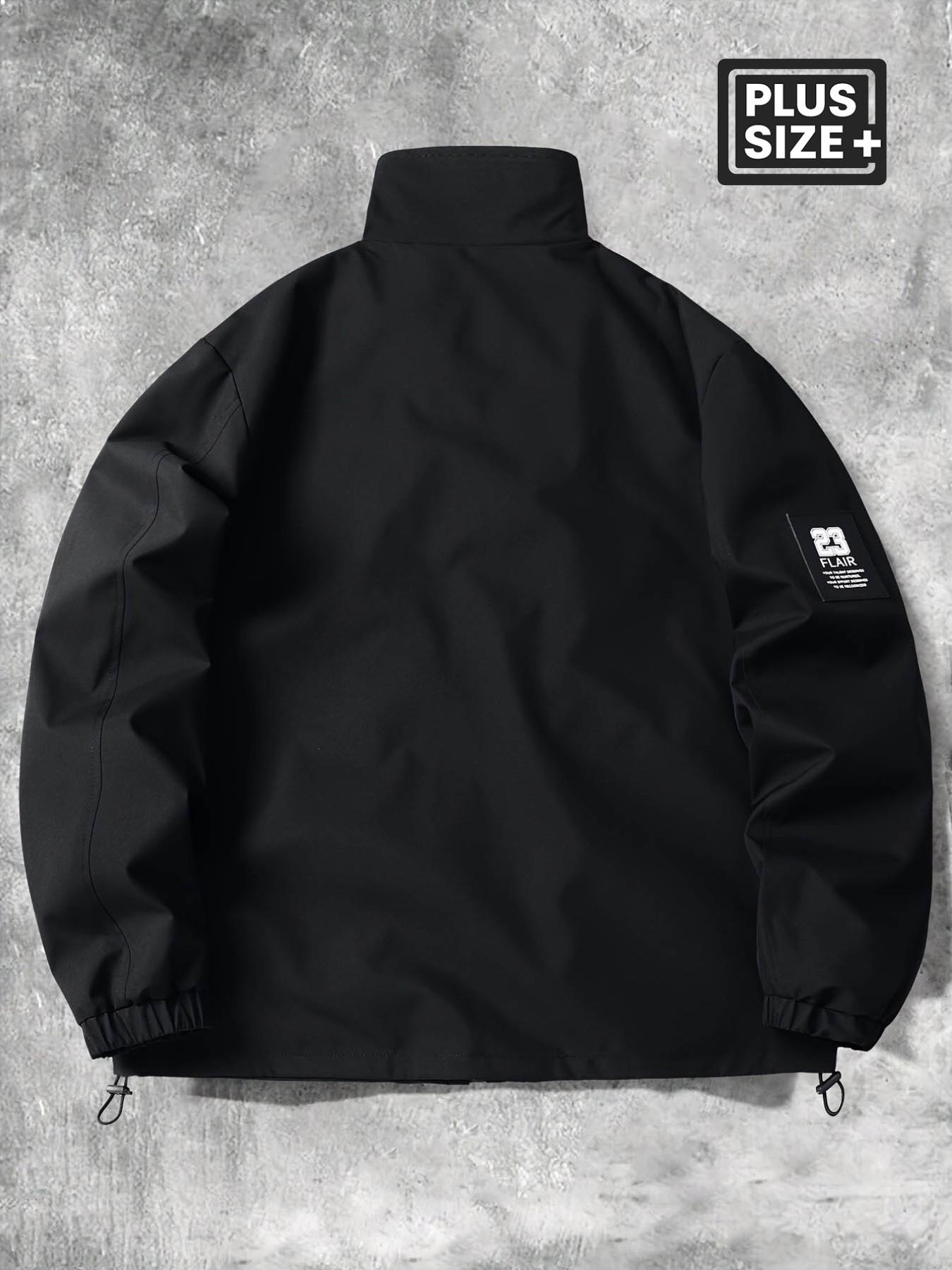 Men's Plus Size Windproof Zipper Jacket, Smooth Durable Fabric, Loose Fit Stand Collar Workwear, Letter Print Design, Retro Sport Style