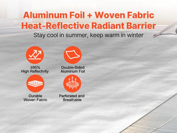 VEVOR Double Reflective Insulation Roll, Perforated Woven Fabric Radiant Barrier, 0.15mm 48 inx 125 ft, Double-Sided Aluminum Foil Heat Reflective Shield, Thermal Insulation Roll for Window RV Roof