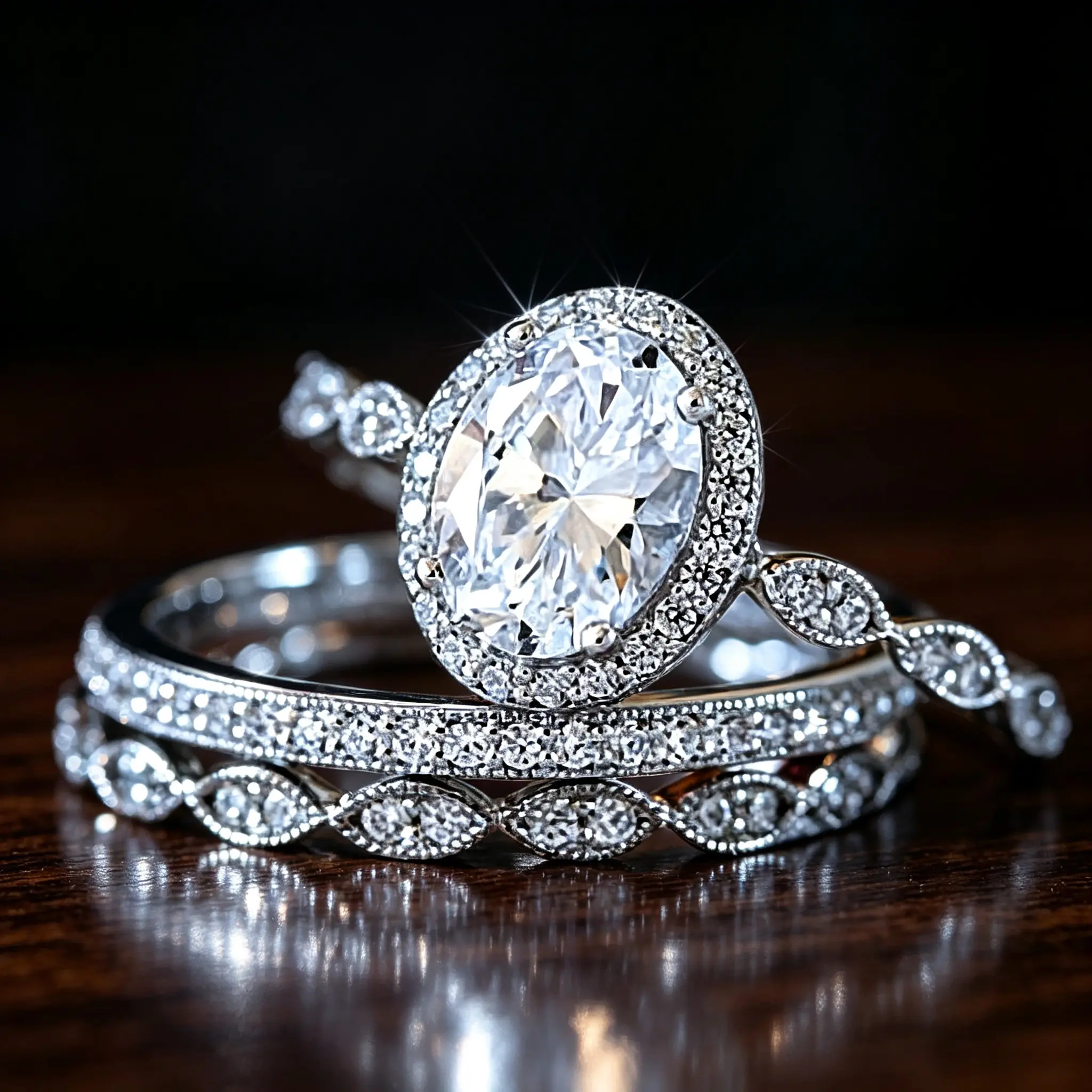 3‑Pcs Oval Halo Bridal Ring Set, Marquise‑Link Pave Stack‑able Wedding Band, Matching Bridal Finger Jewelry for Ladies Holiday Photoshoot Present