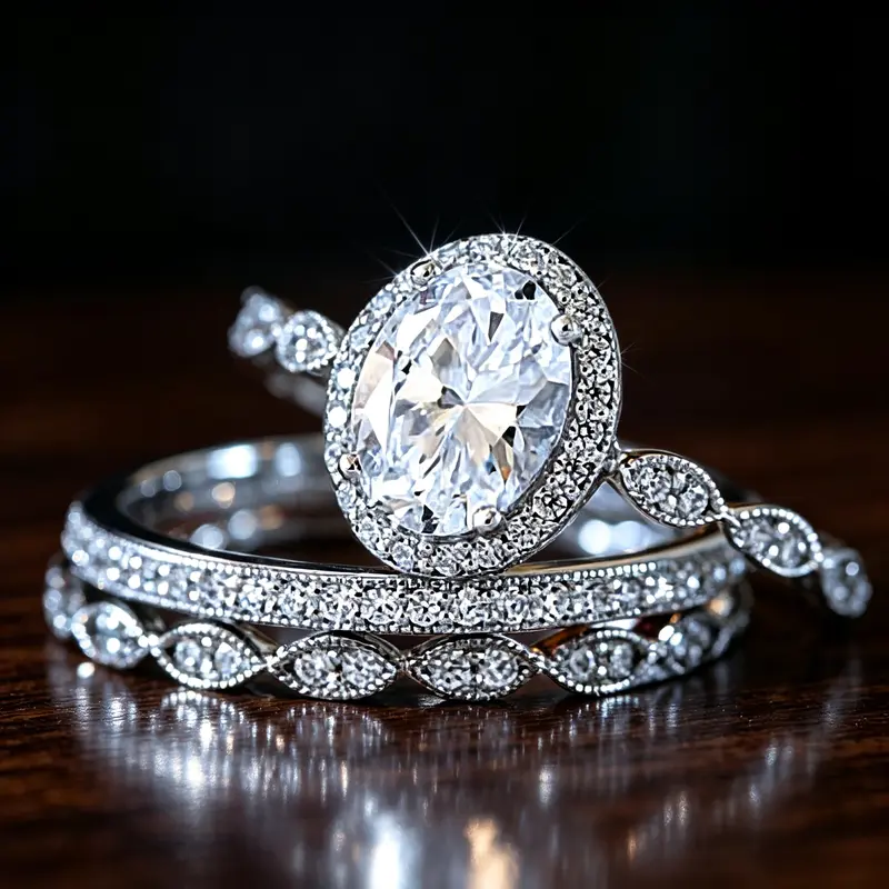 3‑Pcs Oval Halo Bridal Ring Set, Marquise‑Link Pave Stack‑able Wedding Band, Matching Bridal Finger Jewelry for Ladies Holiday Photoshoot Present