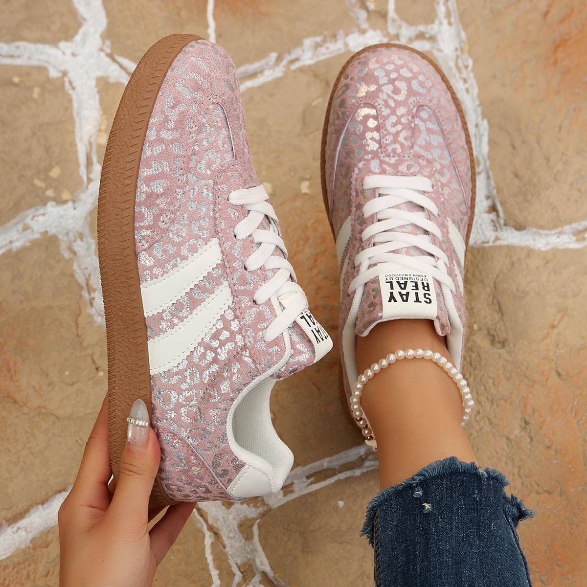 Vintage Leopard Print Sneakers, Pink/Blue, Comfortable Shoes for Commute & Shopping