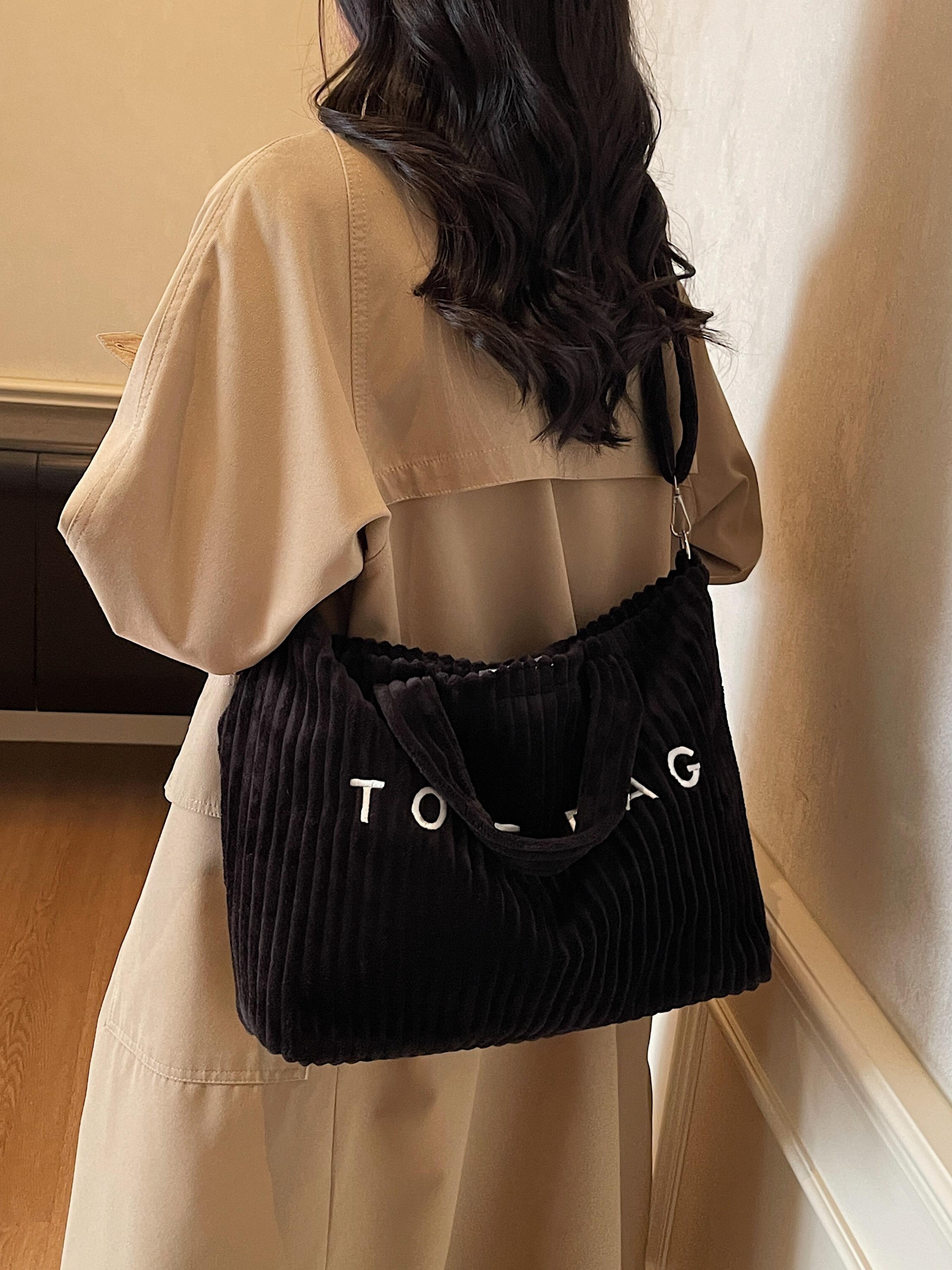 Large Capacity Corduroy Letter Design Handbag, Casual Fashion Shoulder Bag, Work & Daily Use, Everyday Bag, Stylish Tote Bag for Fall & Winter