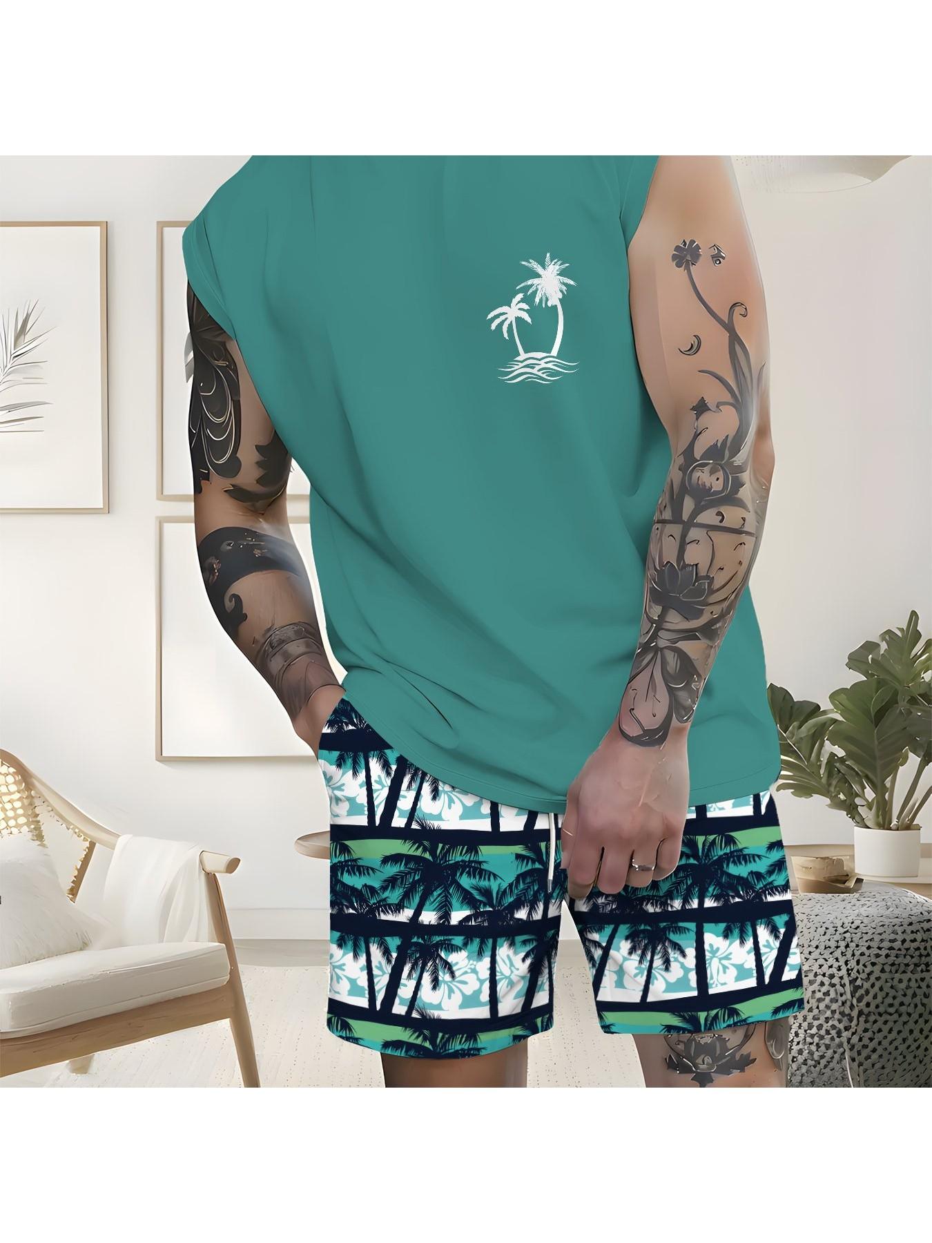 Men's Sleeveless Tropical Printed Beach Shorts Set, Summer Cool Casual Sports Wear, Breathable Comfort Couple Swimwear Matching