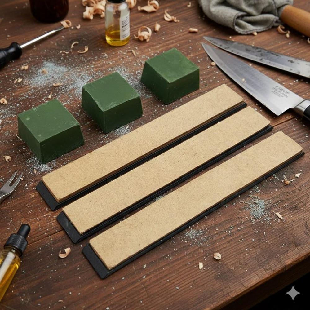 Professional Knife Sharpening Kit: Multi-Function Manual Grinder, Anti-Slip Durable Tool Set for Outdoor Kitchen & Camping. High-Precision Corrosion-Resistant Polishing Compound & Dual-Sided Leather Strop for Efficient Blade Care.