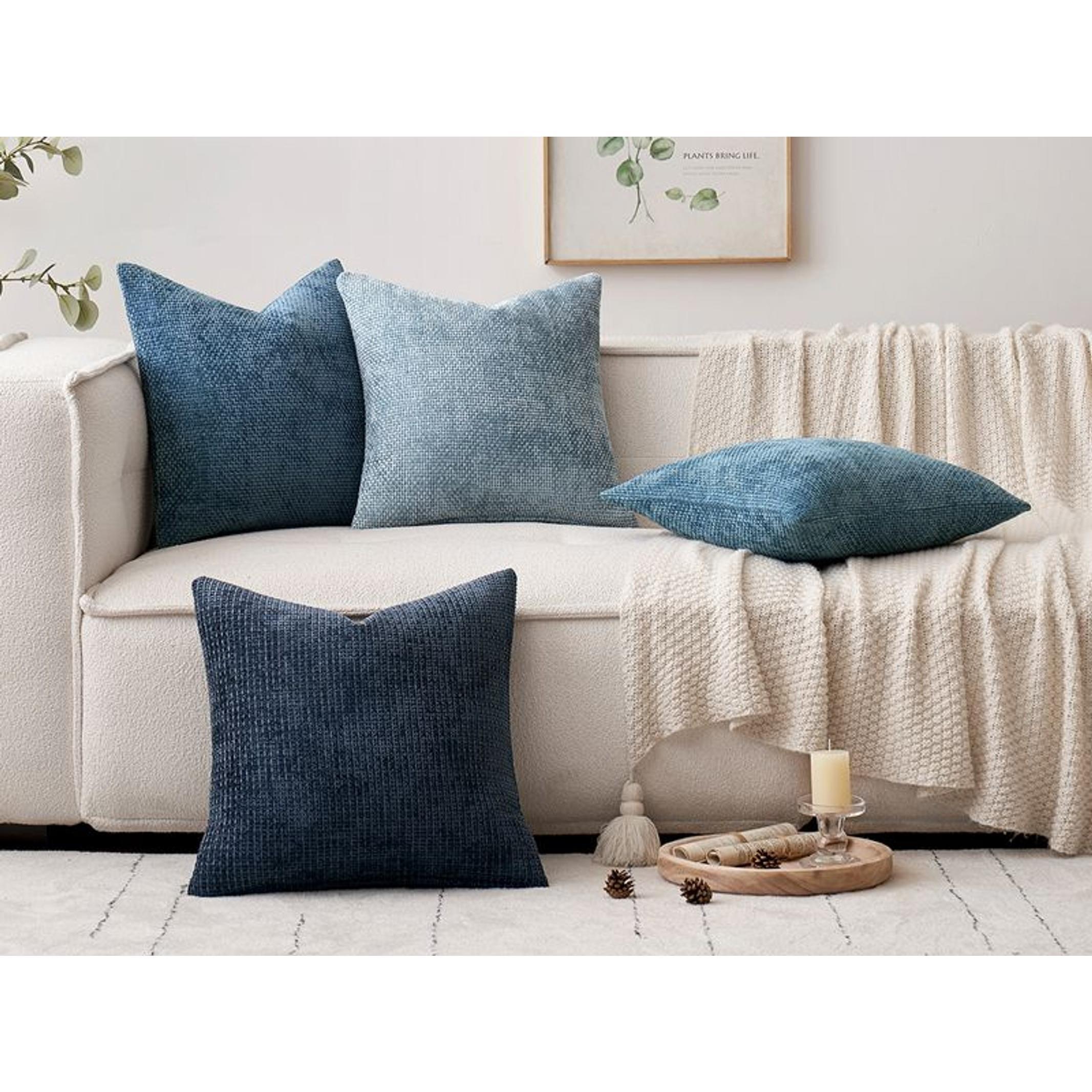 Pack of 4 Couch Throw Pillow Covers 18x18 Inch Neutral Blue Soft Decorative Chenille Pillow Covers Farmhouse Accent Cushion Covers for Boho Western Spring Coastal Decor Sofa Bed Living Room