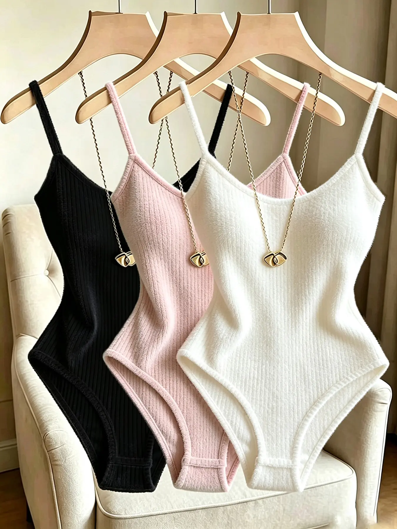 3pcs Women's Ribbed Bodysuit, Fuzzy Bodysuit, Elegant Vacation and Beach Bodysuit, Basic, Everyday, Sleeveless, Comfortable, Stylish and Chic Underwear Set