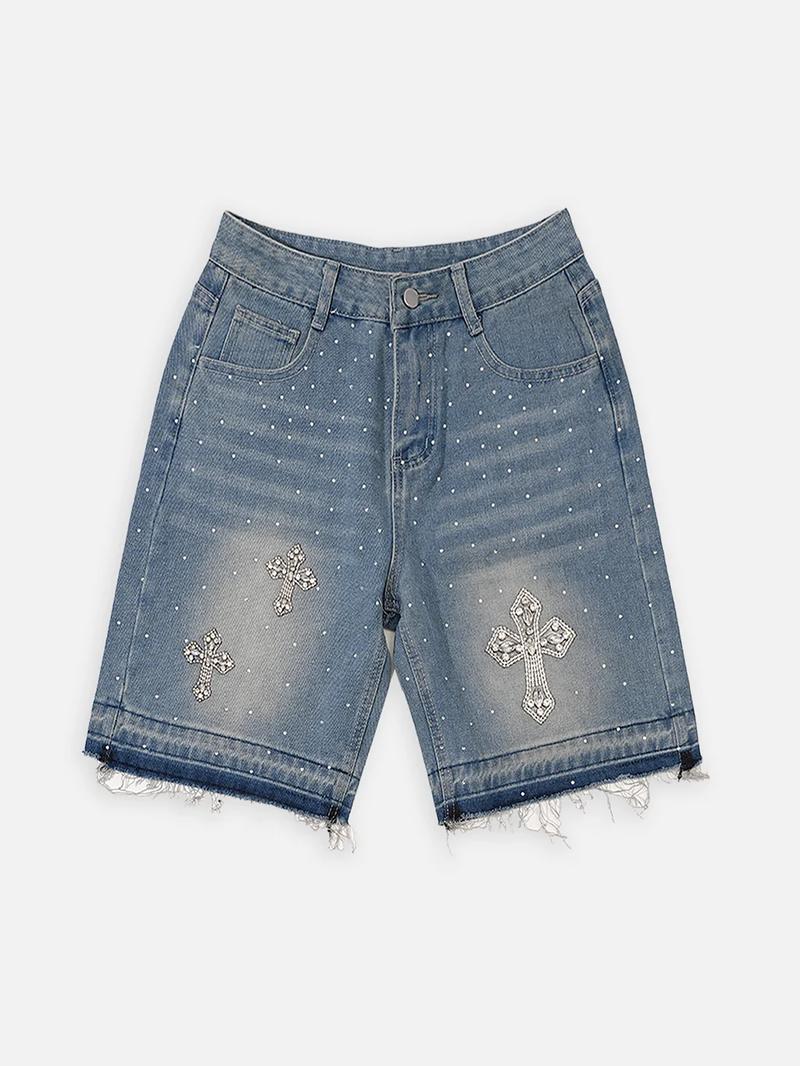 Sopula Studio Men's Hiphop Cross Hot Diamond Jorts Denim Shorts