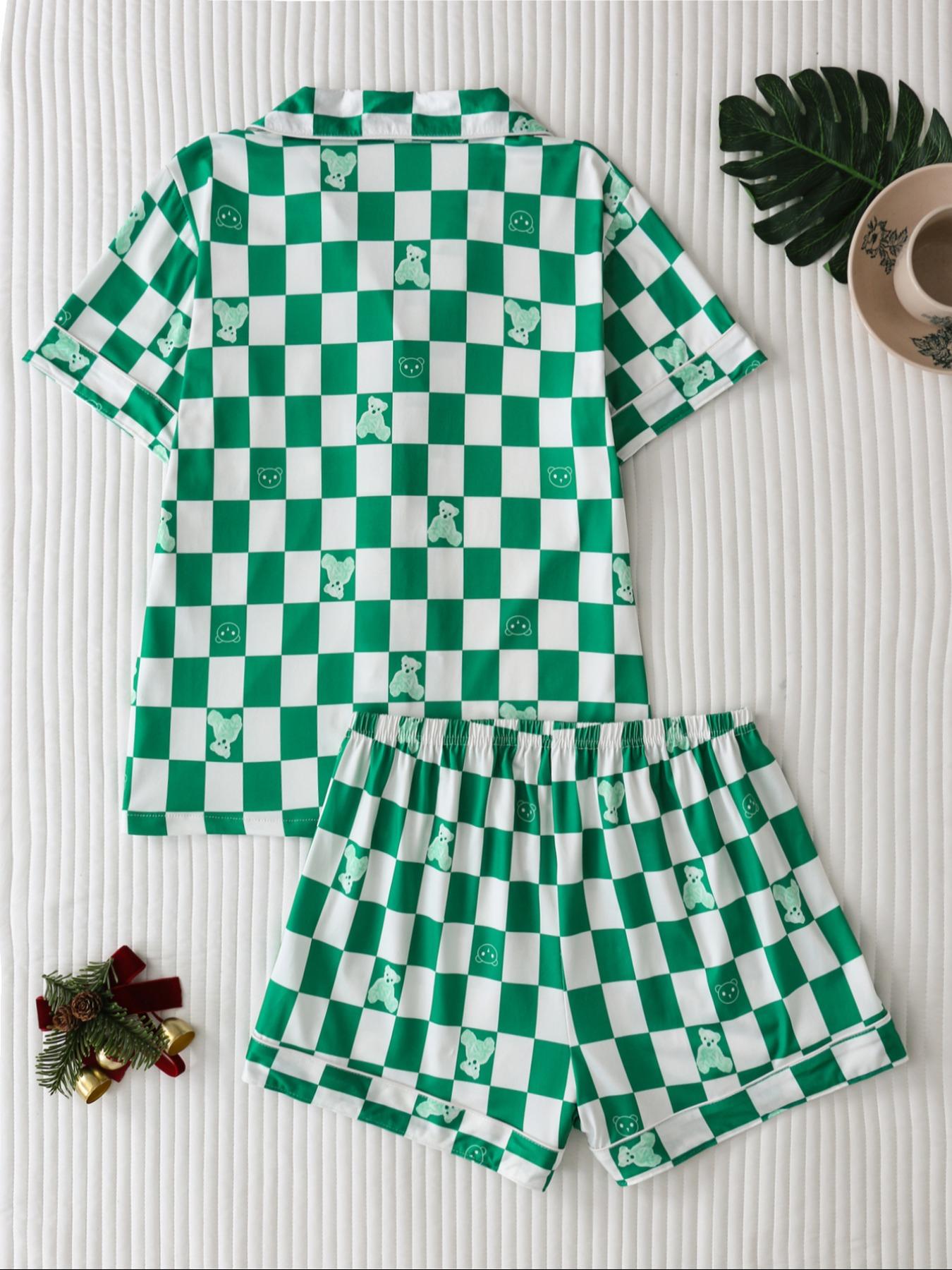 Women's Checkerboard Print Lapel Neck Pajama, Casual Comfy Short Sleeve Button Front Chest Pocket Design Top & Elastic Waist Shorts PJ Set, Ladies Summer Sleepwear Loungewear