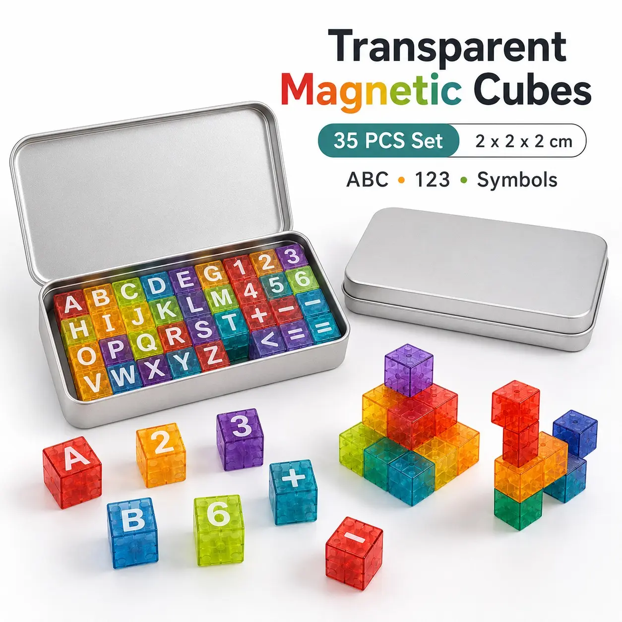 35-Piece Transparent Magnetic Alphabet Cubes with Metal Storage Tin, ABC Letters, Numbers & Math Symbols, STEM & Montessori-Inspired Preschool Learning Toy for Kids Ages 3+, Spelling, Counting, Creative Building & Travel Play, Gift for Boys & Girls