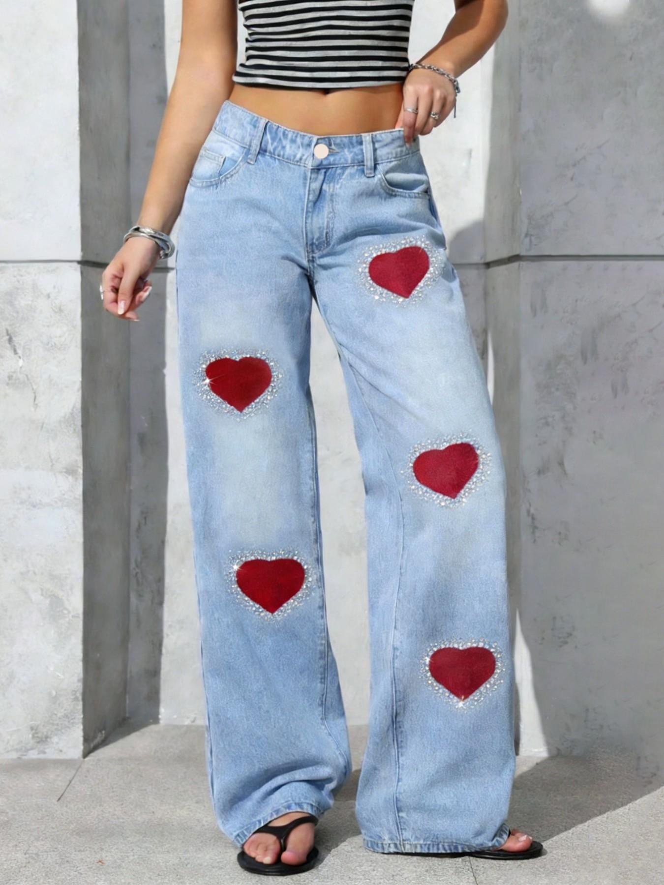 Women's Rhinestone Embroidered Jeans Pants, High Waist Loose-Fitting, Button Fly, Perfect for All Seasons, Elegant Fashion