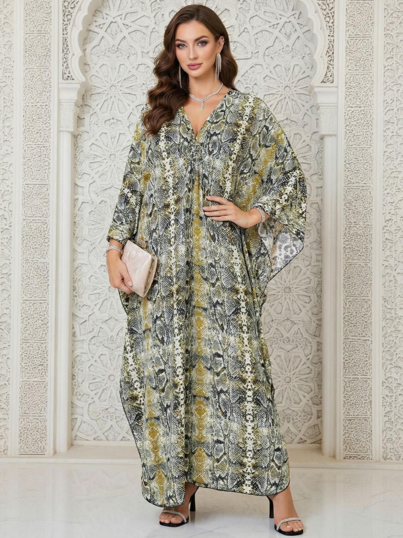 Women's Leopard Print Batwing Sleeve Split Hem Kaftan Dress, Casual Modest Style V-Neck 3/4 Sleeve Long Dress for Fall & Winter, Women's Islamic Clothing for Daily Wear Women's Leopard Print Batwing Sleeve Split Hem Kaftan Dress, Casual Modest Style V-Neck 3/4 Sleeve Long Dress for Fall & Winter, Women's Islamic Clothing for Daily Wear