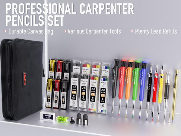Nicpro 31 Pack Carpenter Pencil Set with Sharpener, Mechanical Carpenter Pencils with 128Pack Refills and Carbide Scribe Tool, Heavy Duty Construction Pencils for Architect Woodworking-With Canvas Case