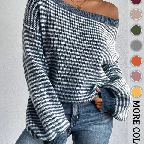 Women's Striped Drop-Shoulder Long Sleeve Sweater, Casual Bishop Sleeve Boat Neck Jumper for Daily Outdoor Wear, Ladies Knitwear for All Seasons, Womenswear, Tops, Knitted Sweater