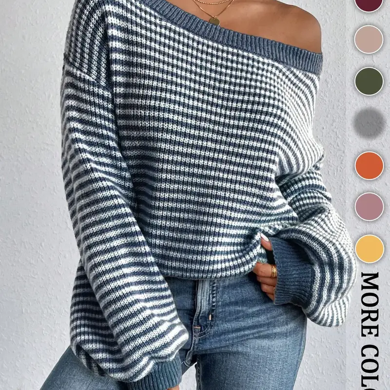 Women's Striped Drop-Shoulder Long Sleeve Sweater, Casual Bishop Sleeve Boat Neck Jumper for Daily Outdoor Wear, Ladies Knitwear for All Seasons, Womenswear, Tops, Knitted Sweater