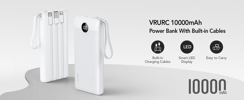 VRURC 10000mAh Portable Power Bank with 4 Built-in Cables Fast Charging LED Display Travel Battery Pack for iPhone Samsung Android Tablet iPad Earbuds USB Type-C & Micro USB Chargeable with Lanyard Smartphone Black Charger