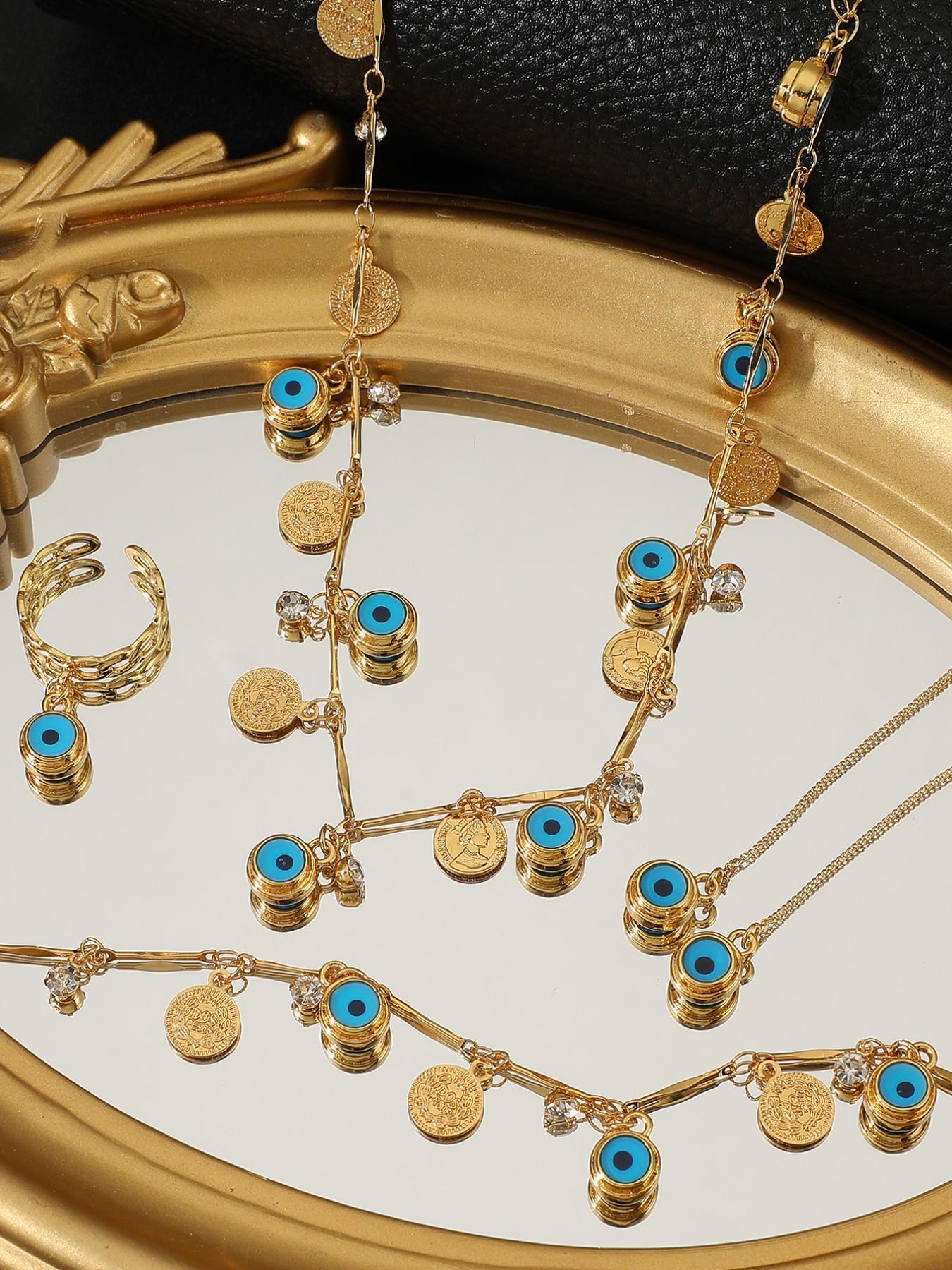 Unique Design Evil Eye Gold Coin Bell Jewelry Set, Bohemian Style Necklace Bracelet, Personalized Accessories, Four Pieces