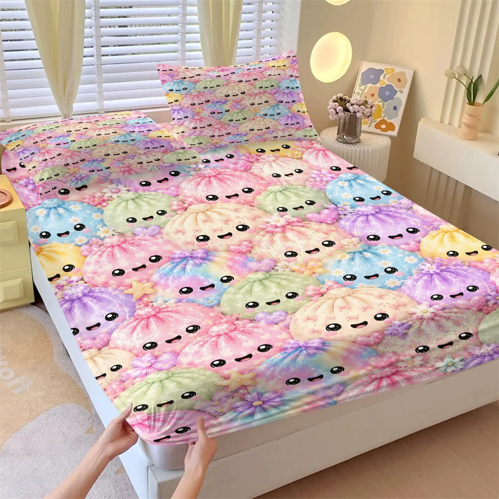 3Pcs Kawaii Pastel Dumpling Fitted Sheet Set With 2 Pillowcases, Rainbow Color Cute Smiley Character Print Bedding Set All Size, Elastic Non Slip Deep Pocket Mattress Cover, Soft Microfiber Aesthetic Bedding Decor For Dreamy Kids Room