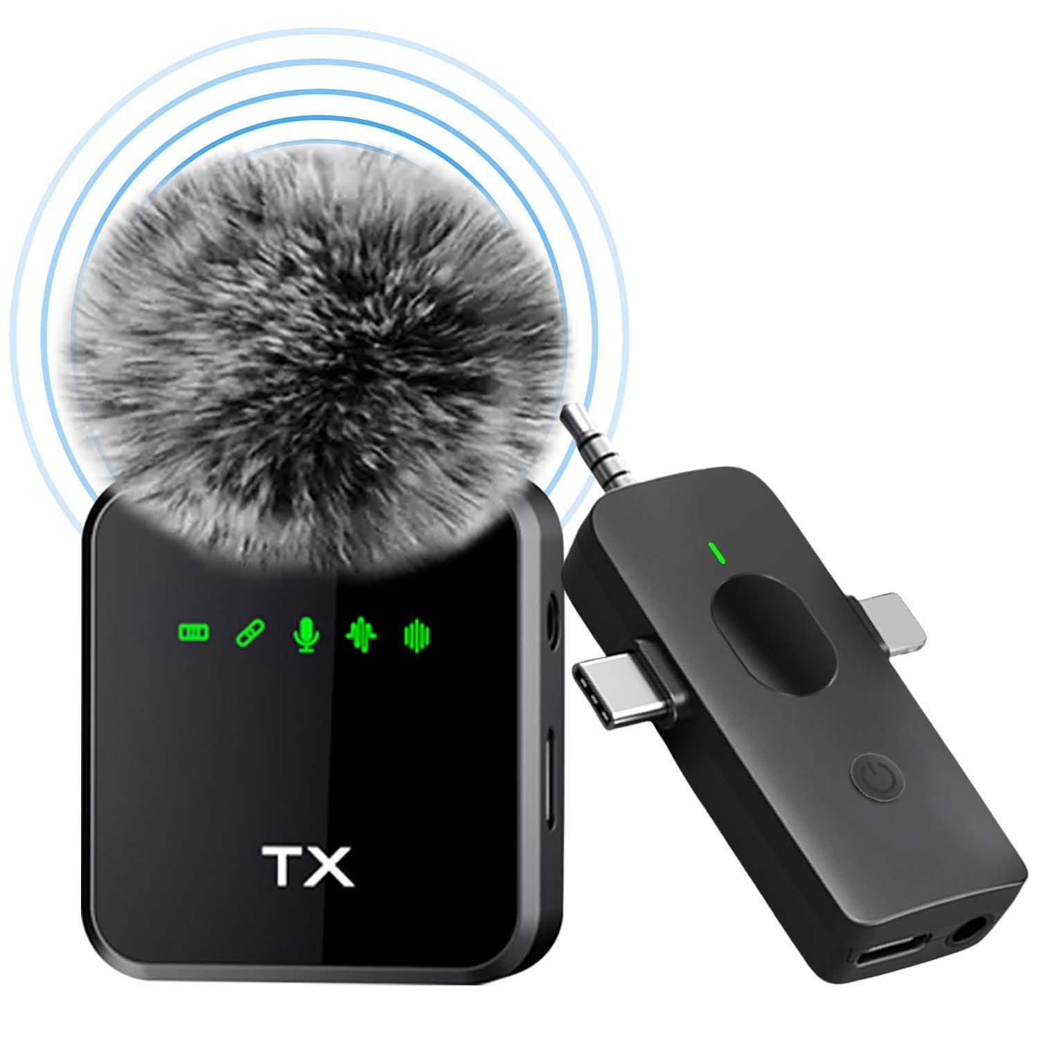 Three in one wireless lavalier microphone suitable for iPhone and Android, clip on noise reduction design, capacitive microphone, long battery life, artificial intelligence noise reduction, suitable for video blogging, Usb rechargeable mic