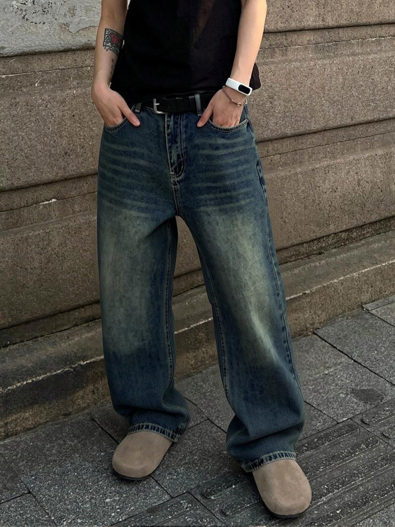Men's Y2K Hip-Hop Style Light Wash Vintage Jeans | Loose Straight-Cut Street-Style Jeans for Retro Urban High Street Casual Daily Wear