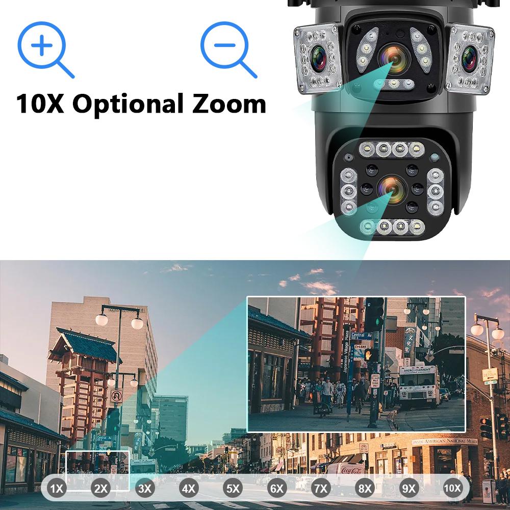 Security Camera, Outdoor Waterproof Wireless Wifi HD Security Camera, Outdoor 3 Lens Security Camera, 6K 9MP, 10X Zoom, 360 PTZ Outdoor WiFi Camera