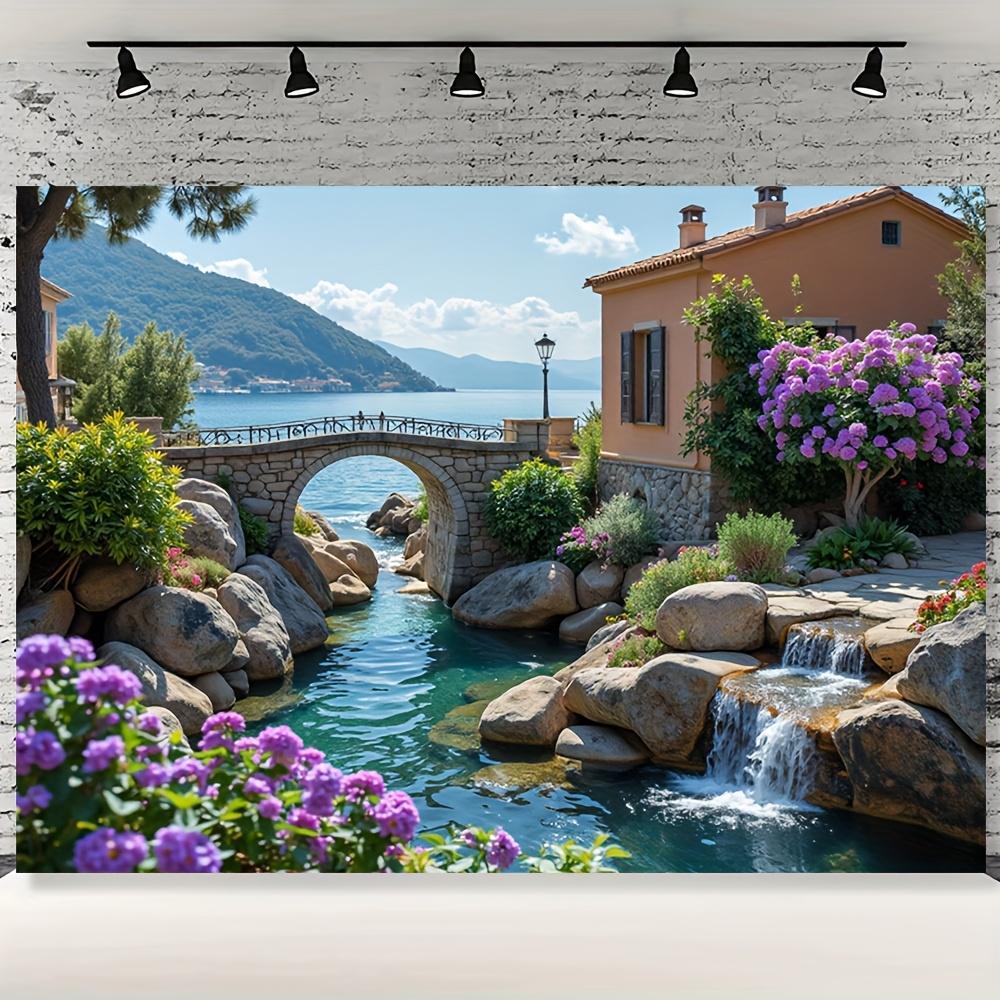 1pc Italian-Style Seascape Backdrop - Vibrant Coastal Scene with Stone Bridge, Lush Gardens, and Mediterranean House - Perfect for Birthday Parties, Photo Studios, and Outdoor Decor - Polyester