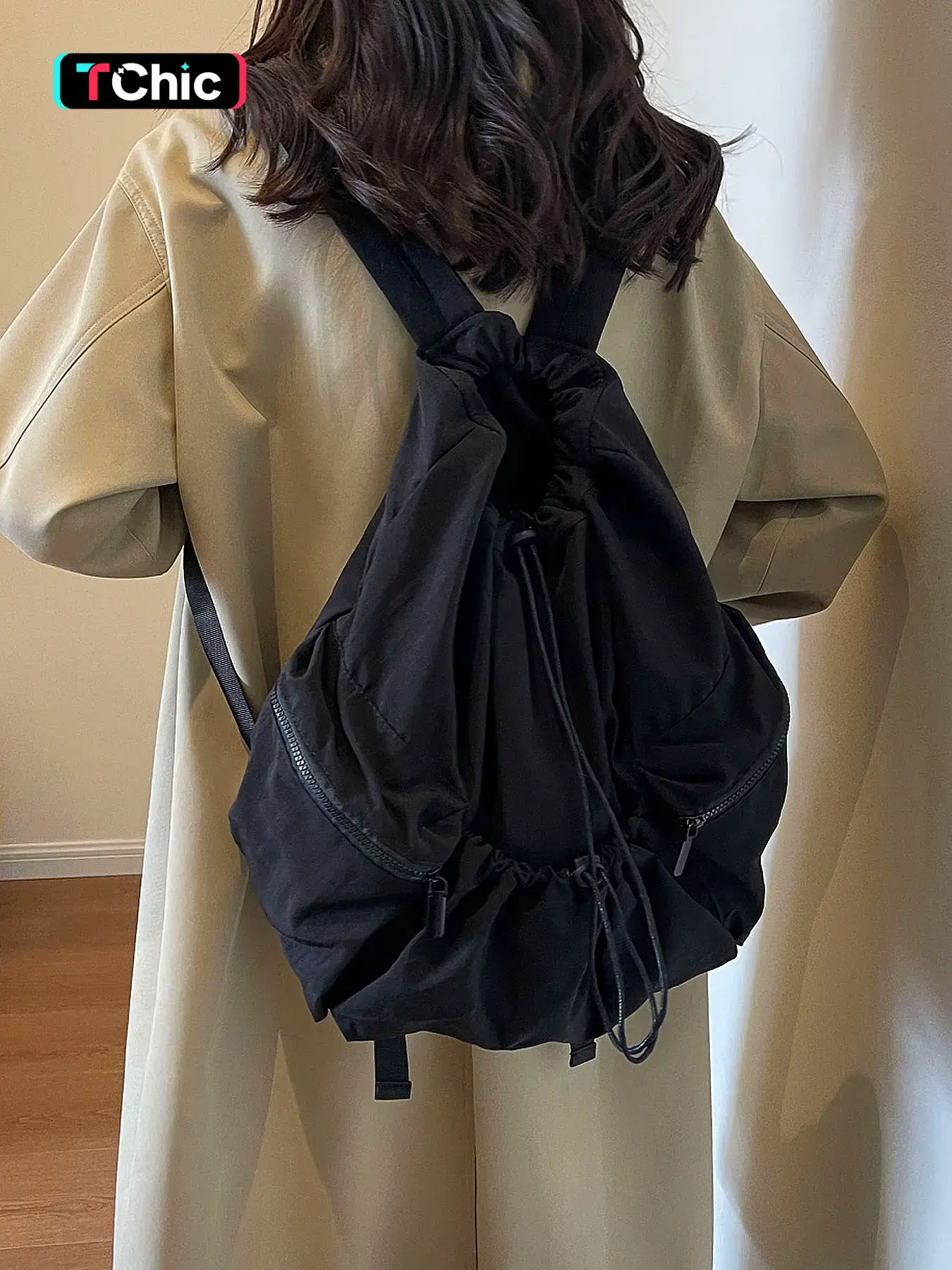 Women Casual Black Drawstring Backpack, Soft Wrinkle Nylon Ruched Rucksack, Lightweight Large Capacity Multi Pocket Daypack, Minimalist Korean Style Daily Travel School Backpack